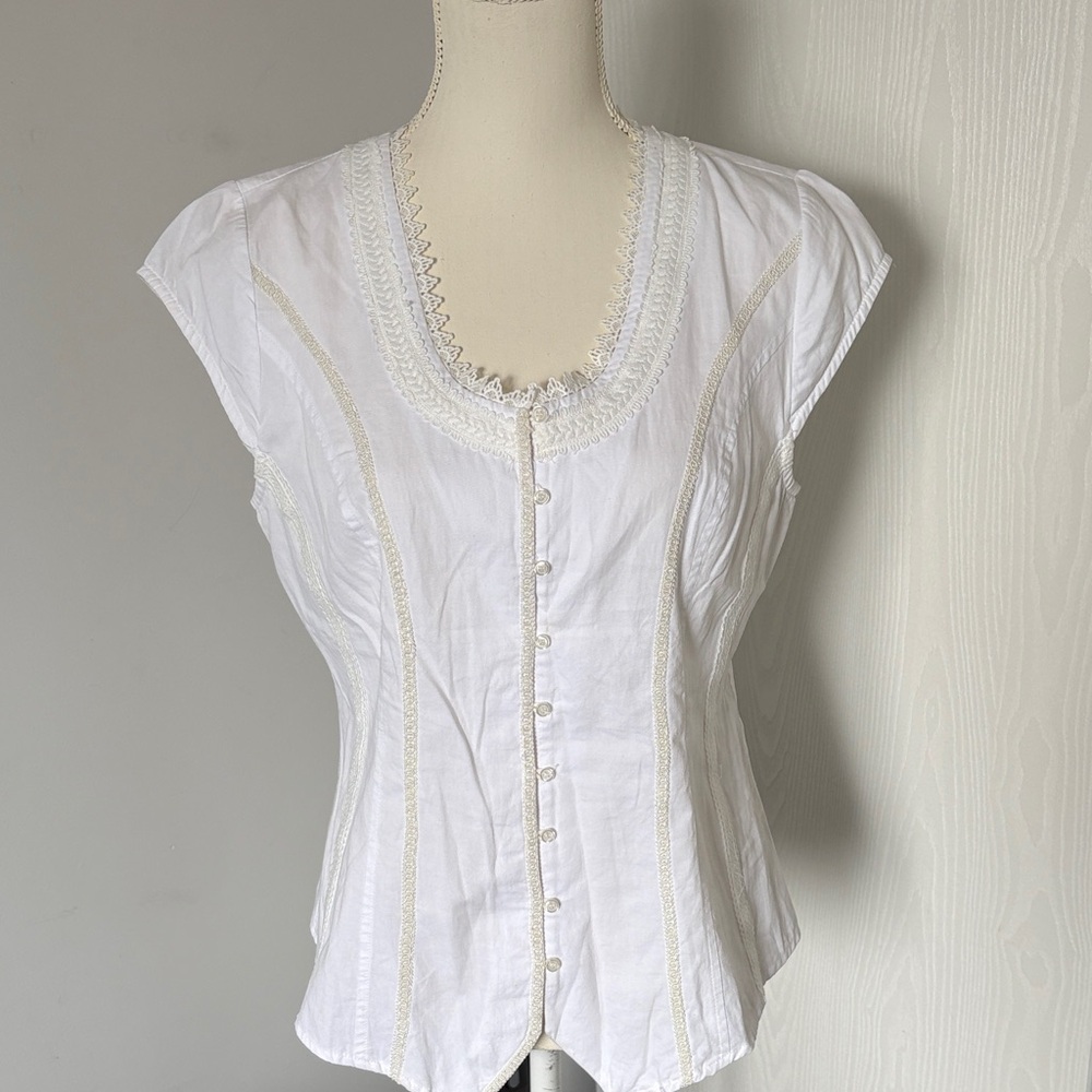 White Lace-Trim Button Front Blouse